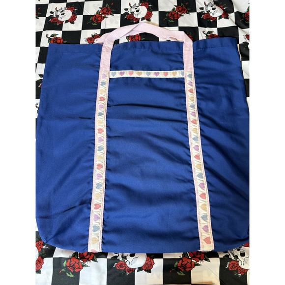 Handbags - Vintage Blue Canvas Tote Bag Pink Heart Trim Large Carryall 20x20
